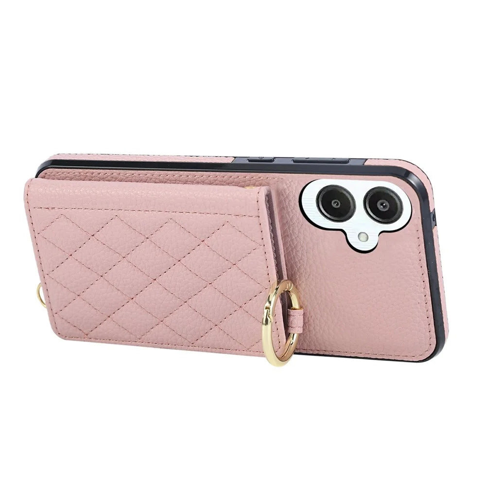 For Samsung Galaxy A08 5G / A08 4G / A07 4G / A06 4G / A06 5G Case Kickstand Rhombus Leather + TPU Phone Cover with Shoulder Strap - Pink - 4