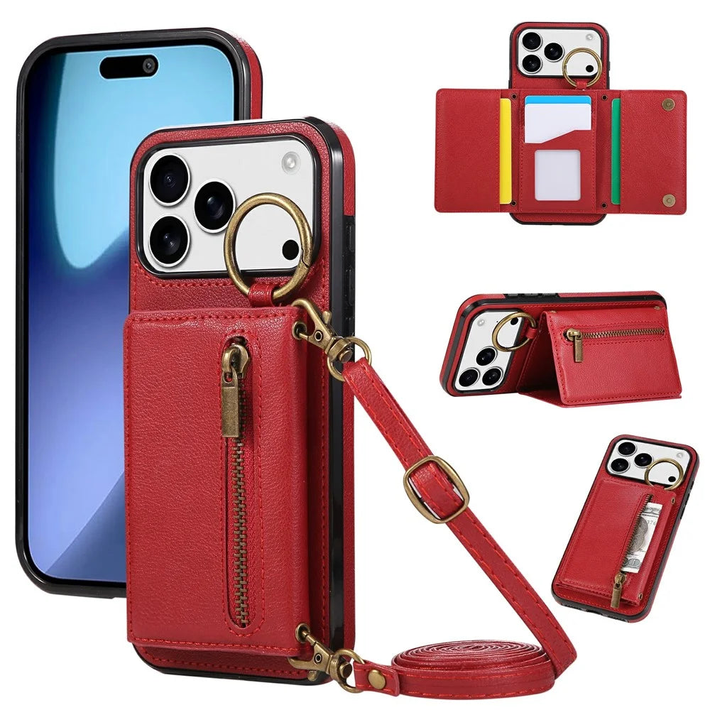 For iPhone 18 Pro Max / 17 Pro Max Leather Back Cover Zipper Wallet Kickstand Phone Case with Shoulder Strap - Red - 1