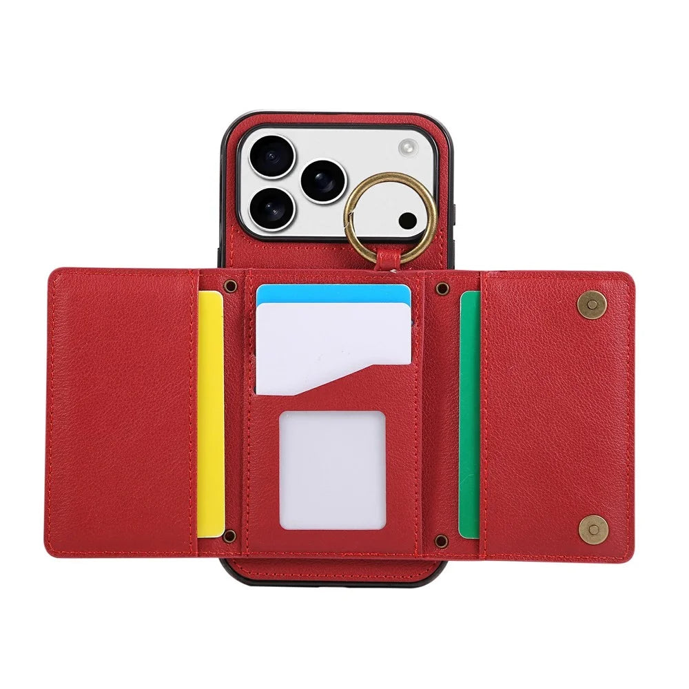 For iPhone 18 Pro Max / 17 Pro Max Leather Back Cover Zipper Wallet Kickstand Phone Case with Shoulder Strap - Red - 2