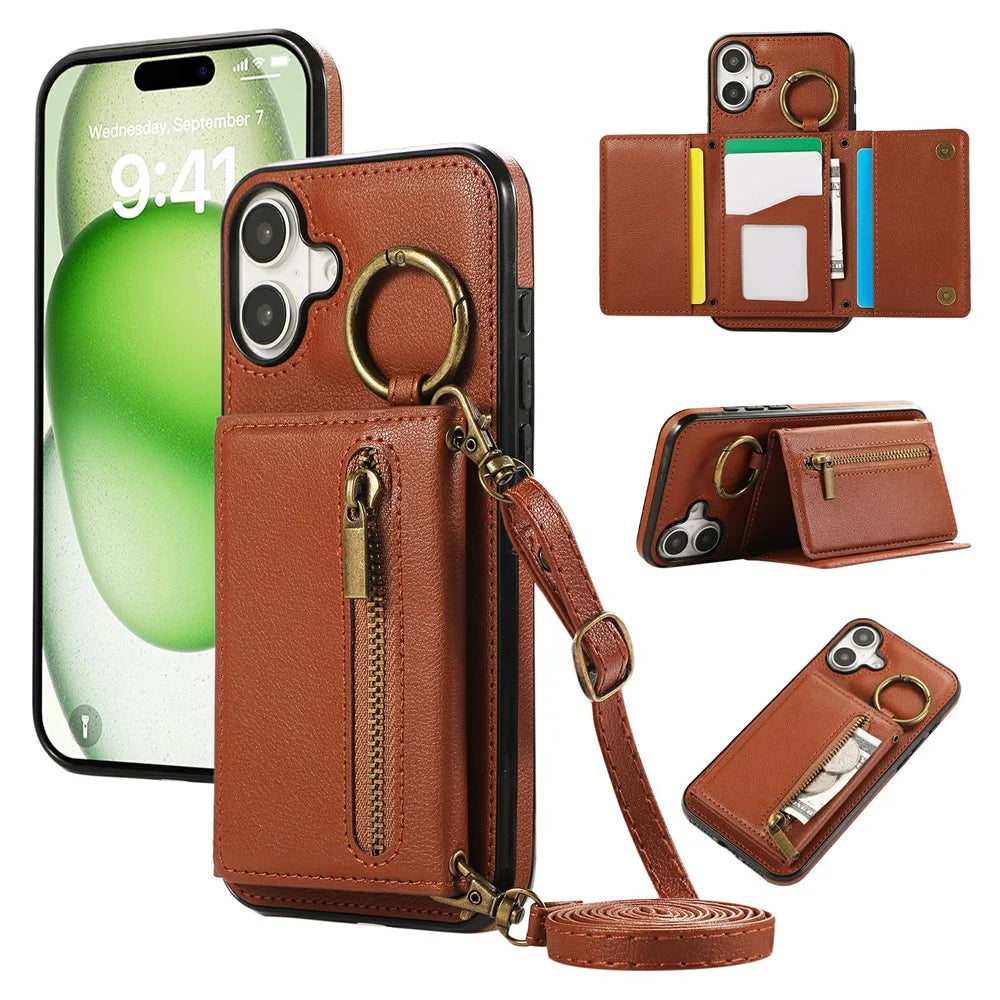 For iPhone 17 Leather Back Cover Zipper Wallet Kickstand Phone Case with Shoulder Strap - Brown - 1