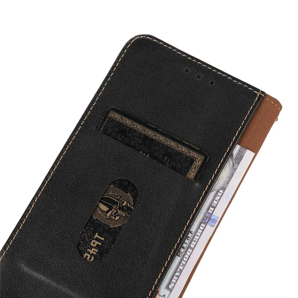KHAZNEH For Samsung Galaxy S25 FE Case Wallet Genuine Cow Leather Phone Cover Nappa Texture - Black - 5