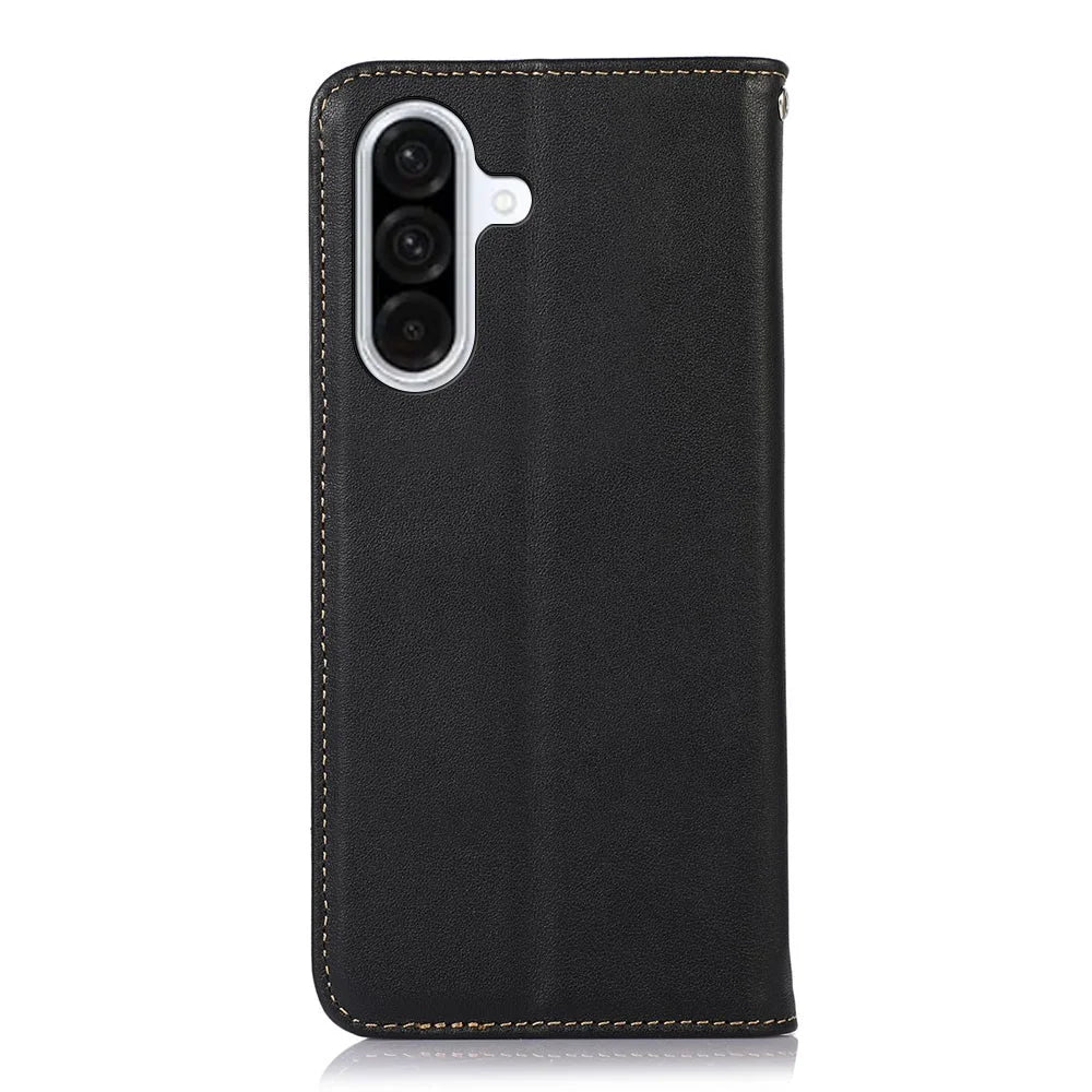 KHAZNEH For Samsung Galaxy S25 FE Case Wallet Genuine Cow Leather Phone Cover Nappa Texture - Black - 7