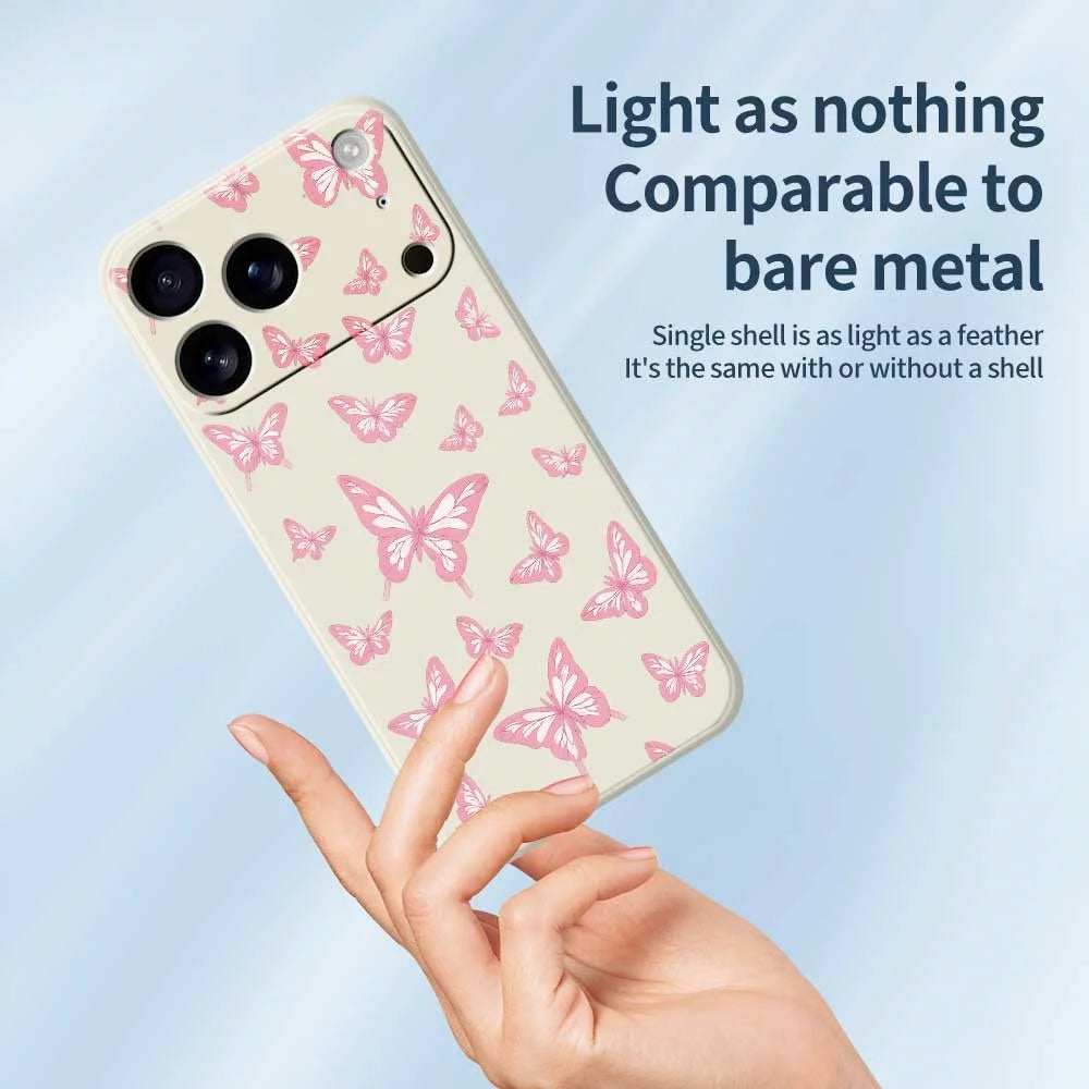 For iPhone 18 Pro Max / 17 Pro Max Case Pink Butterflies Pattern Printing Straight Edge TPU Phone Back Cover - Beige - 4