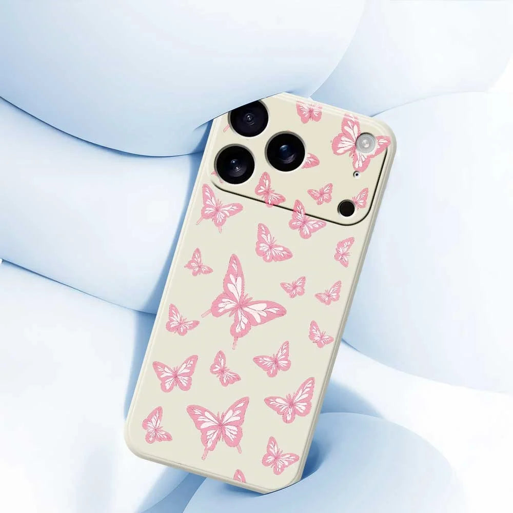 For iPhone 18 Pro Max / 17 Pro Max Case Pink Butterflies Pattern Printing Straight Edge TPU Phone Back Cover - Beige - 5