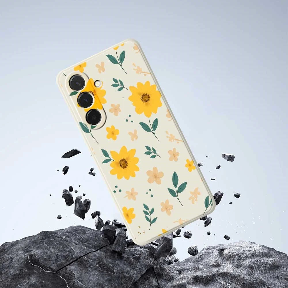 For Samsung Galaxy A36 5G Case Yellow Floral and Leaves Pattern Printing Straight Edge TPU Phone Back Cover - Beige - 7