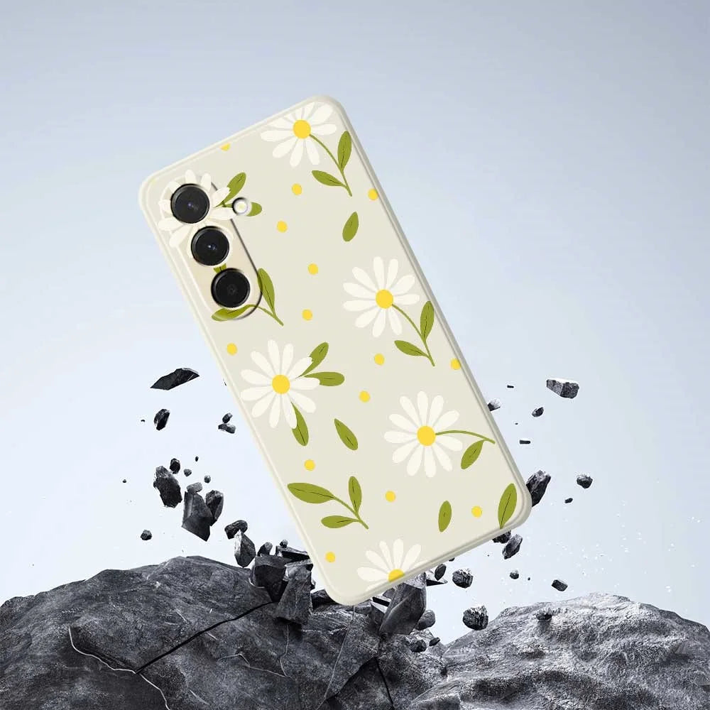 For Samsung Galaxy A36 5G Case White Flowers Green Leaves Pattern Printing Straight Edge TPU Phone Back Cover - Beige - 7