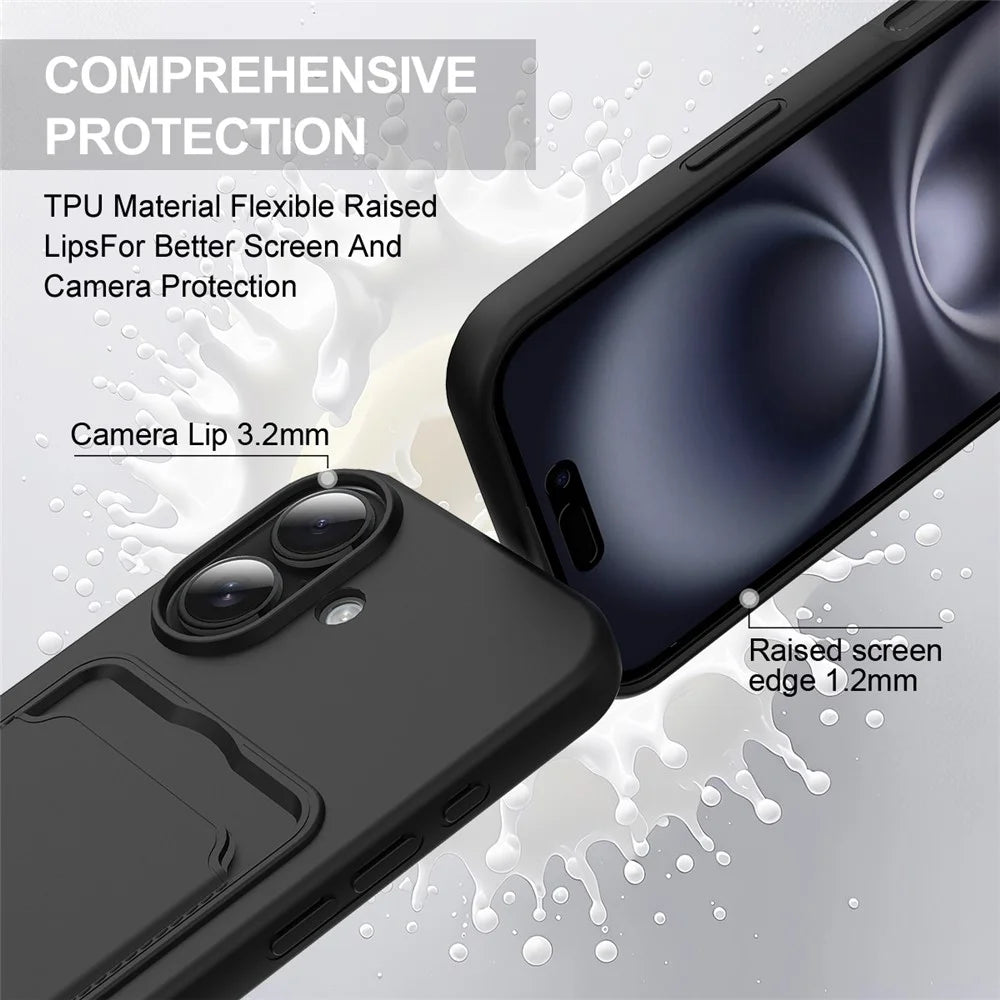 For iPhone 16 Case Liquid Silicone Card Holder Phone Back Cover with Short Strap - Black - 7