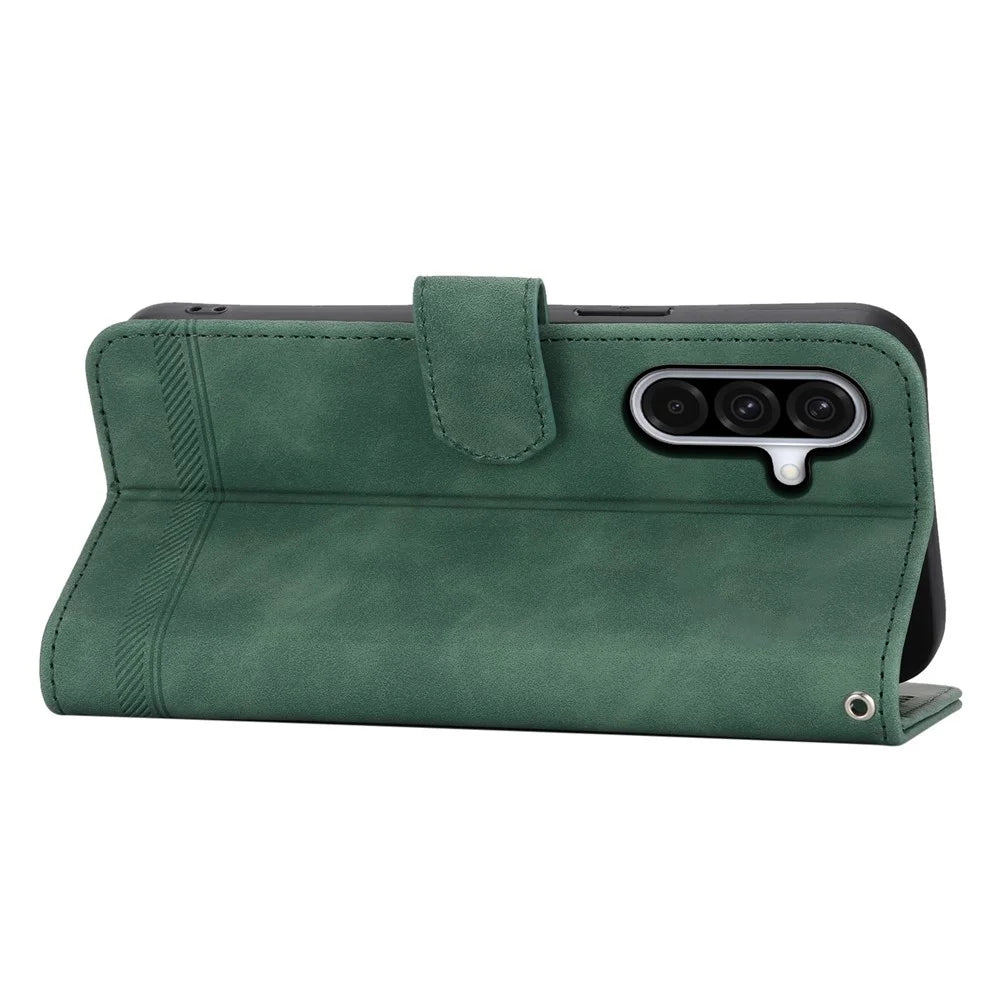 DIERFENG DF-03 For Samsung Galaxy A18 5G / A18 4G / A17 5G / A17 4G / A26 5G Case Lines Imprint Wallet Leather Phone Cover with Wrist Strap - Green - 2