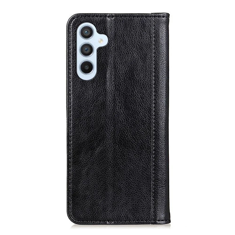 For Samsung Galaxy S25 FE Stand Case Split Leather Litchi Texture Wallet Phone Cover - Black - 7