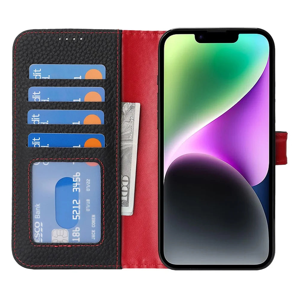 For iPhone 14  /  13 Stand Case Litchi Texture Genuine Cow Leather Wallet Phone Cover RFID Blocking - Black  /  Red - 2