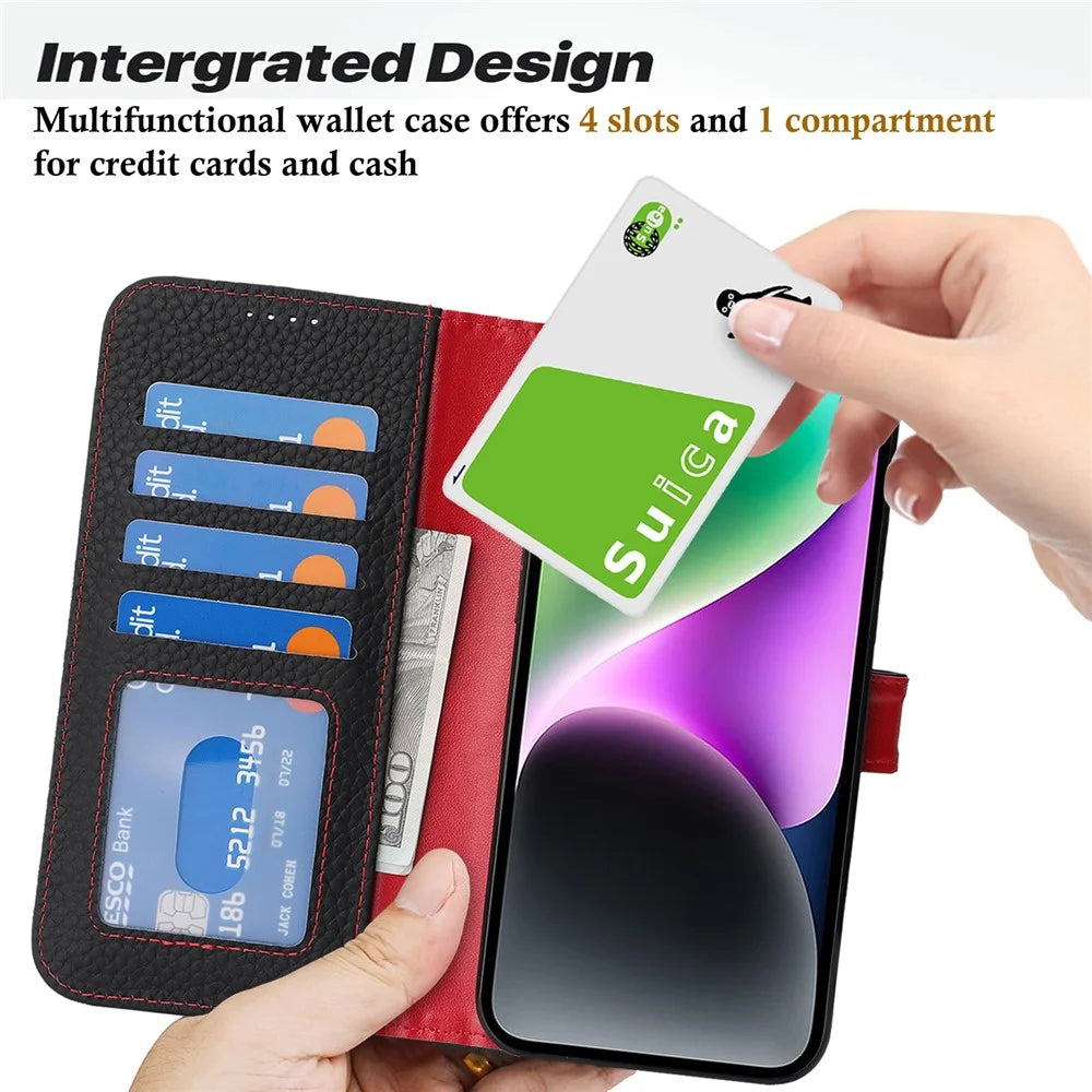 For iPhone 14  /  13 Stand Case Litchi Texture Genuine Cow Leather Wallet Phone Cover RFID Blocking - Black  /  Red - 5
