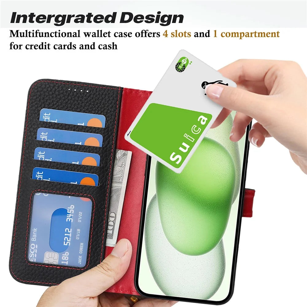 For iPhone 15 Plus  /  14 Plus Stand Case Litchi Texture Genuine Cow Leather Wallet Phone Cover RFID Blocking - Black  /  Red - 6