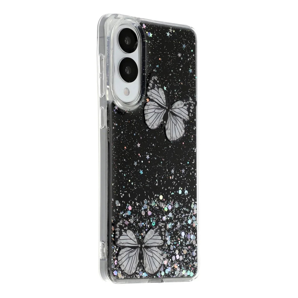 For Samsung Galaxy S25 Edge Case Epoxy PVC Butterfly TPU Aesthetics Phone Cover - Black - 1