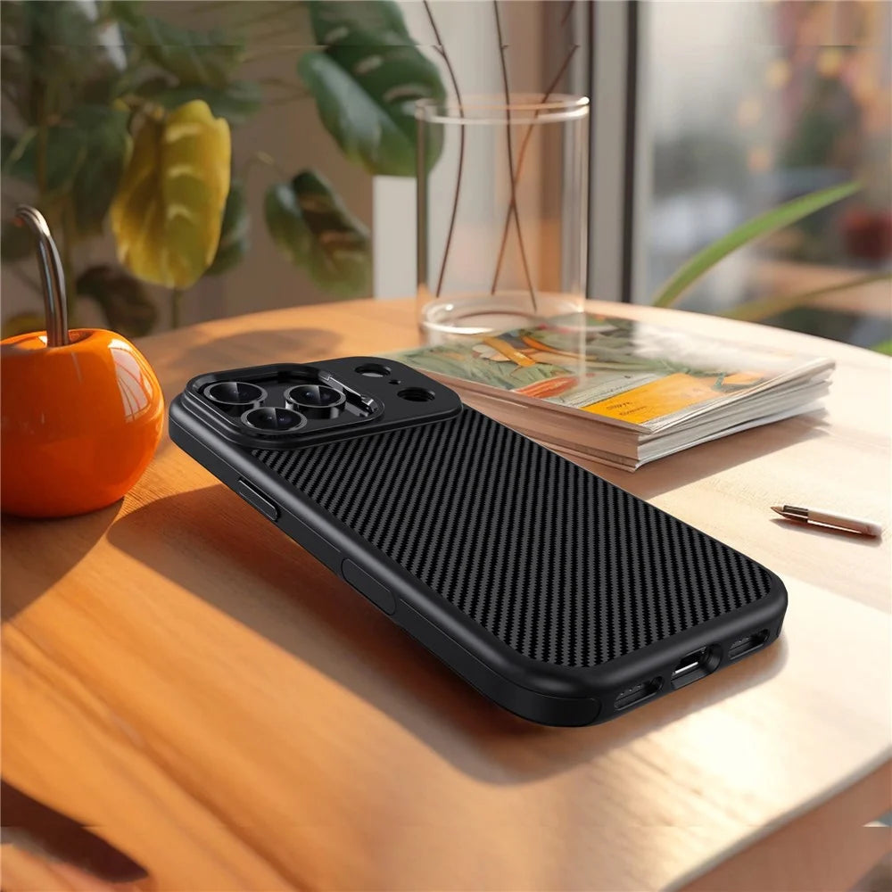 IPAKY For iPhone 17 Pro TPU Case Carbon Fiber Texture Phone Cover Metal Lens Frame - Black - 2