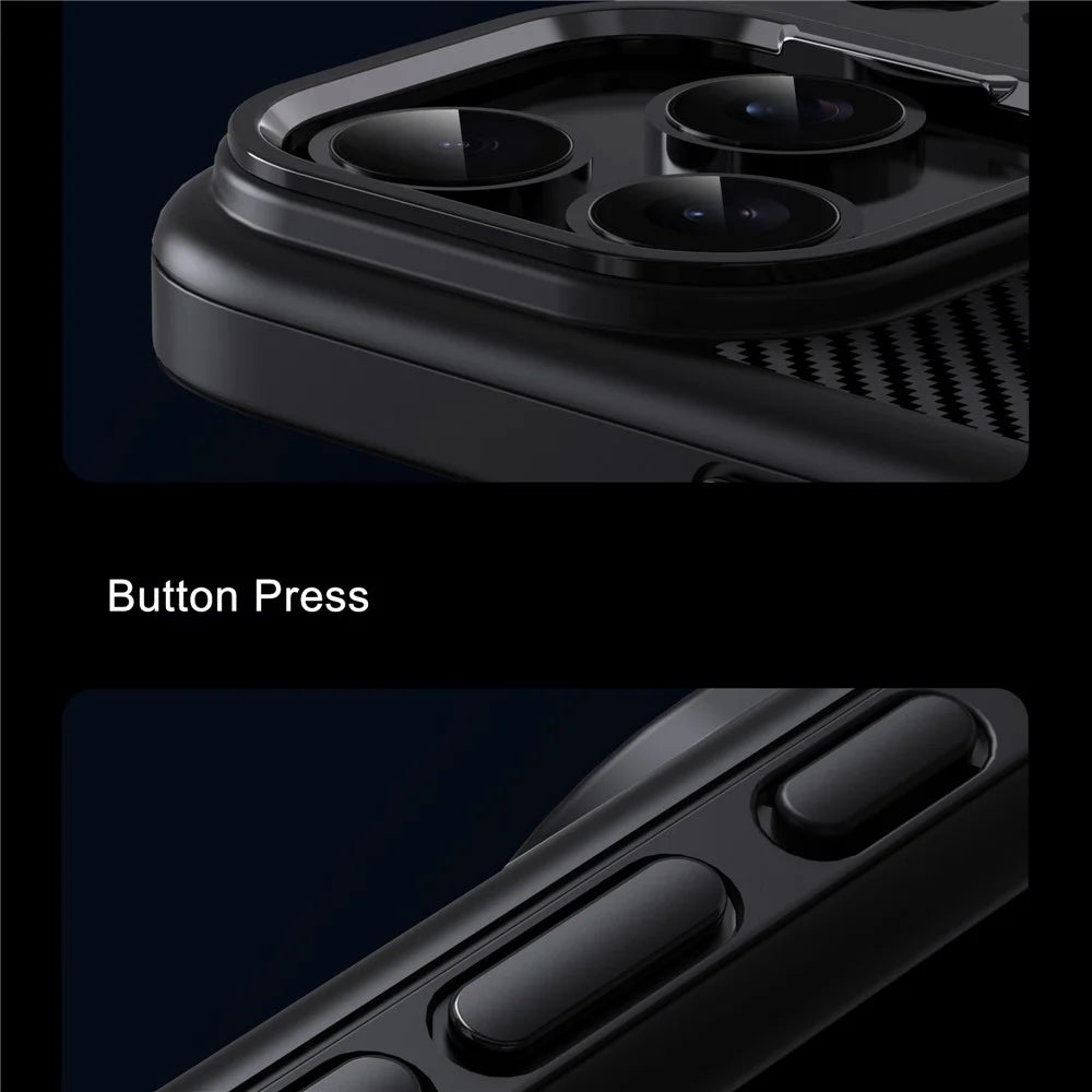 IPAKY For iPhone 17 Pro Max TPU Case Carbon Fiber Texture Phone Cover Metal Lens Frame - Black - 7