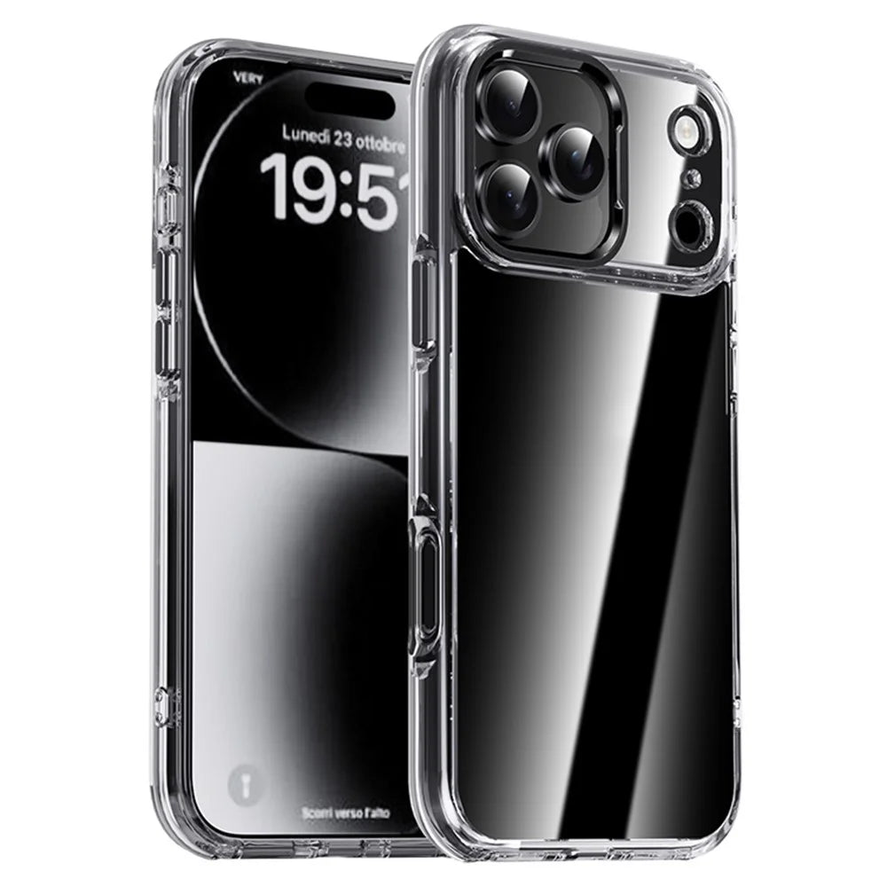 IPAKY For iPhone 17 Pro Max Clear Case Metal Lens Frame Shockproof TPU Phone Cover - Black - 1
