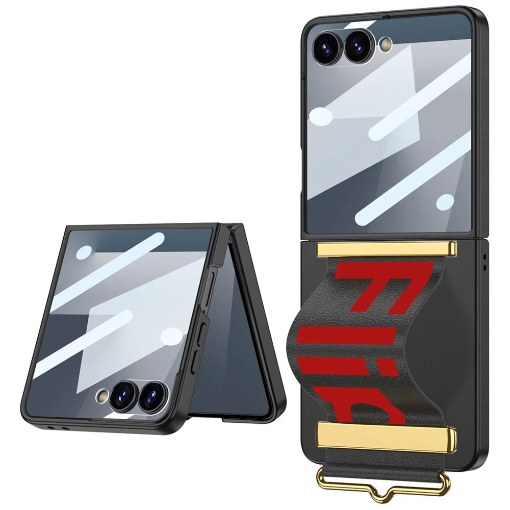GKK For Samsung Galaxy Z Flip7 5G Case Wristband Design PU Leather+PC Phone Cover with Screen Film - Black - 1