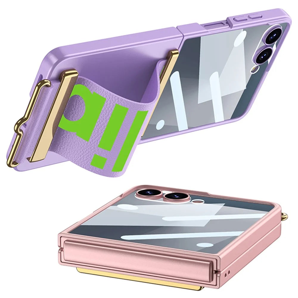 GKK For Samsung Galaxy Z Flip7 5G Case Wristband Design PU Leather+PC Phone Cover with Screen Film - Black - 5