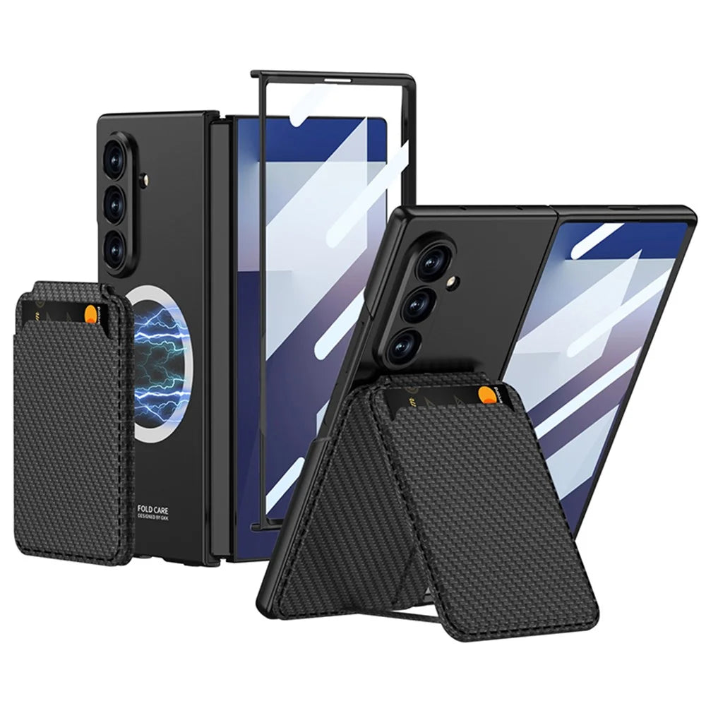 GKK For Samsung Galaxy Z Fold7 5G Magnetic Case PC + Tempered Glass Phone Cover with Card Holder Kickstand - Carbon Fiber Texture - 1