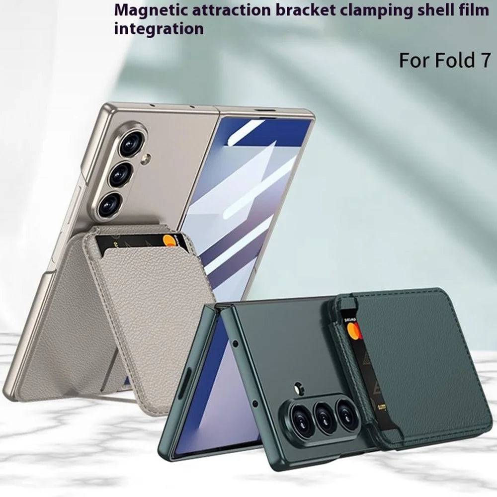 GKK For Samsung Galaxy Z Fold7 5G Magnetic Case PC + Tempered Glass Phone Cover with Card Holder Kickstand - Carbon Fiber Texture - 6