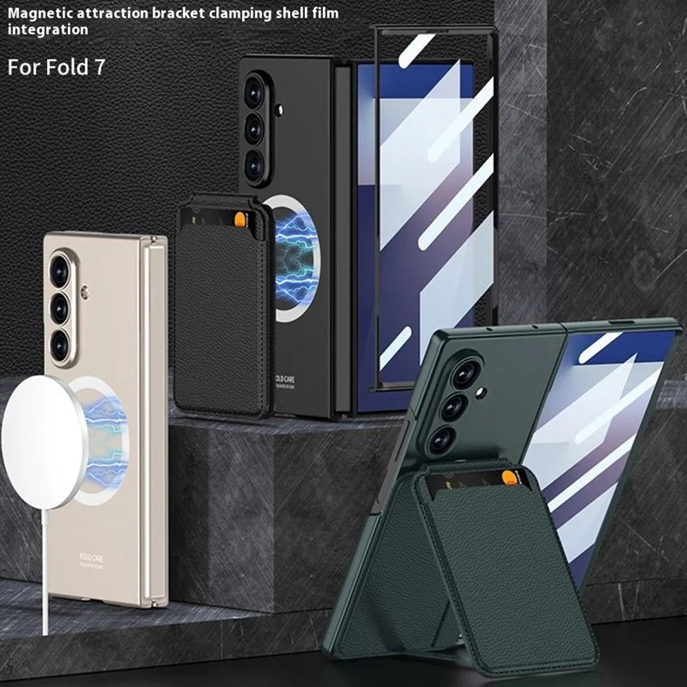 GKK For Samsung Galaxy Z Fold7 5G Magnetic Case PC + Tempered Glass Phone Cover with Card Holder Kickstand - Carbon Fiber Texture - 7