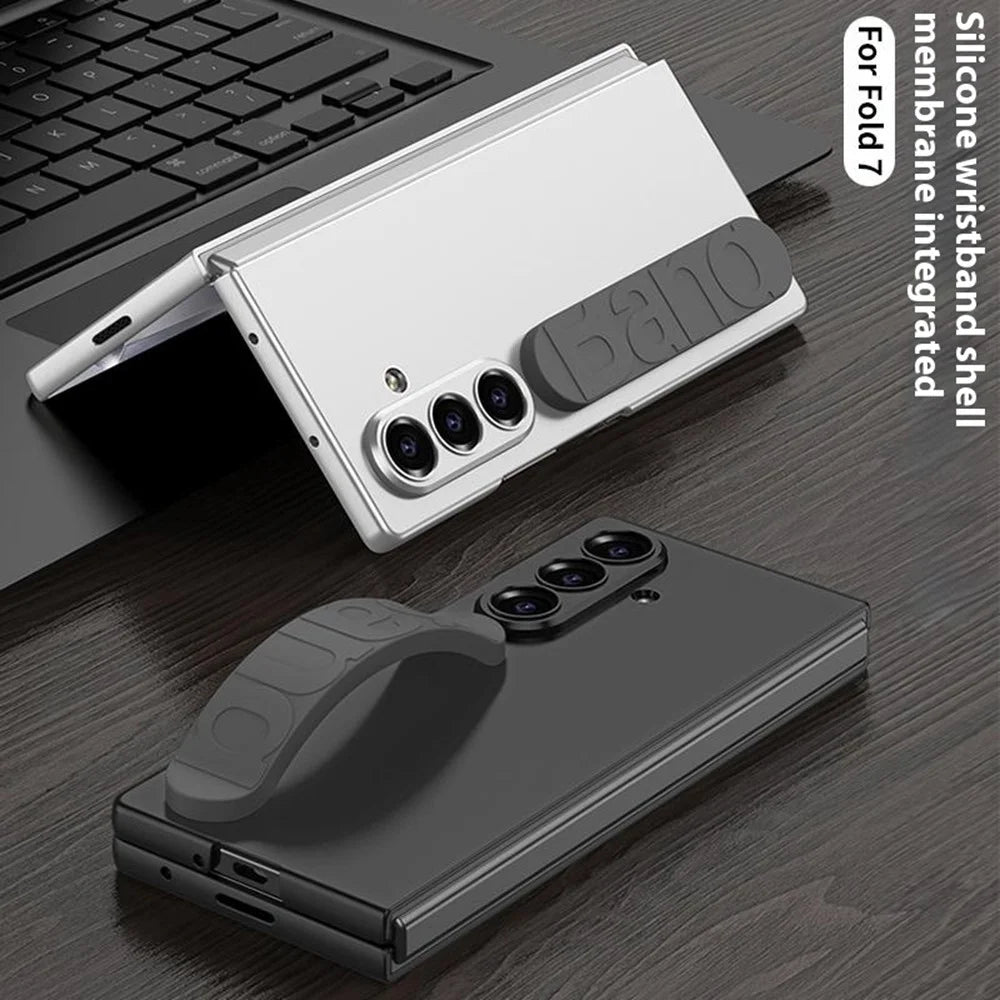 GKK For Samsung Galaxy Z Fold7 5G Case with Silicone Wristband PC + Tempered Glass Phone Back Cover - Black - 6