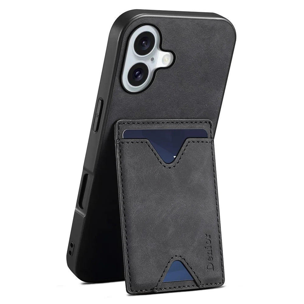 DENIOR For iPhone 17 Case Card Holder Kickstand Leather + PC + TPU Phone Cover - Black - 1
