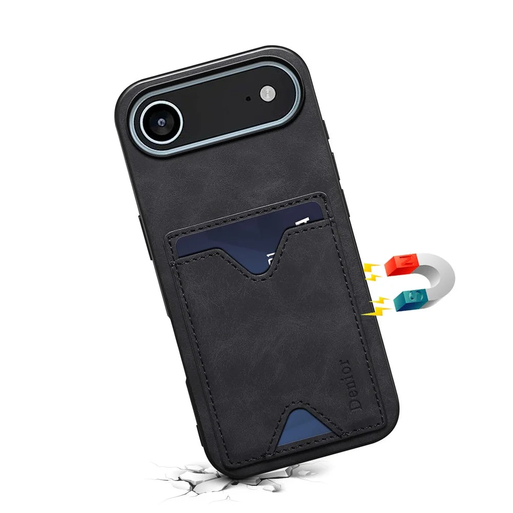 DENIOR For iPhone Air Case Card Holder Kickstand Leather + PC + TPU Phone Cover - Black - 3