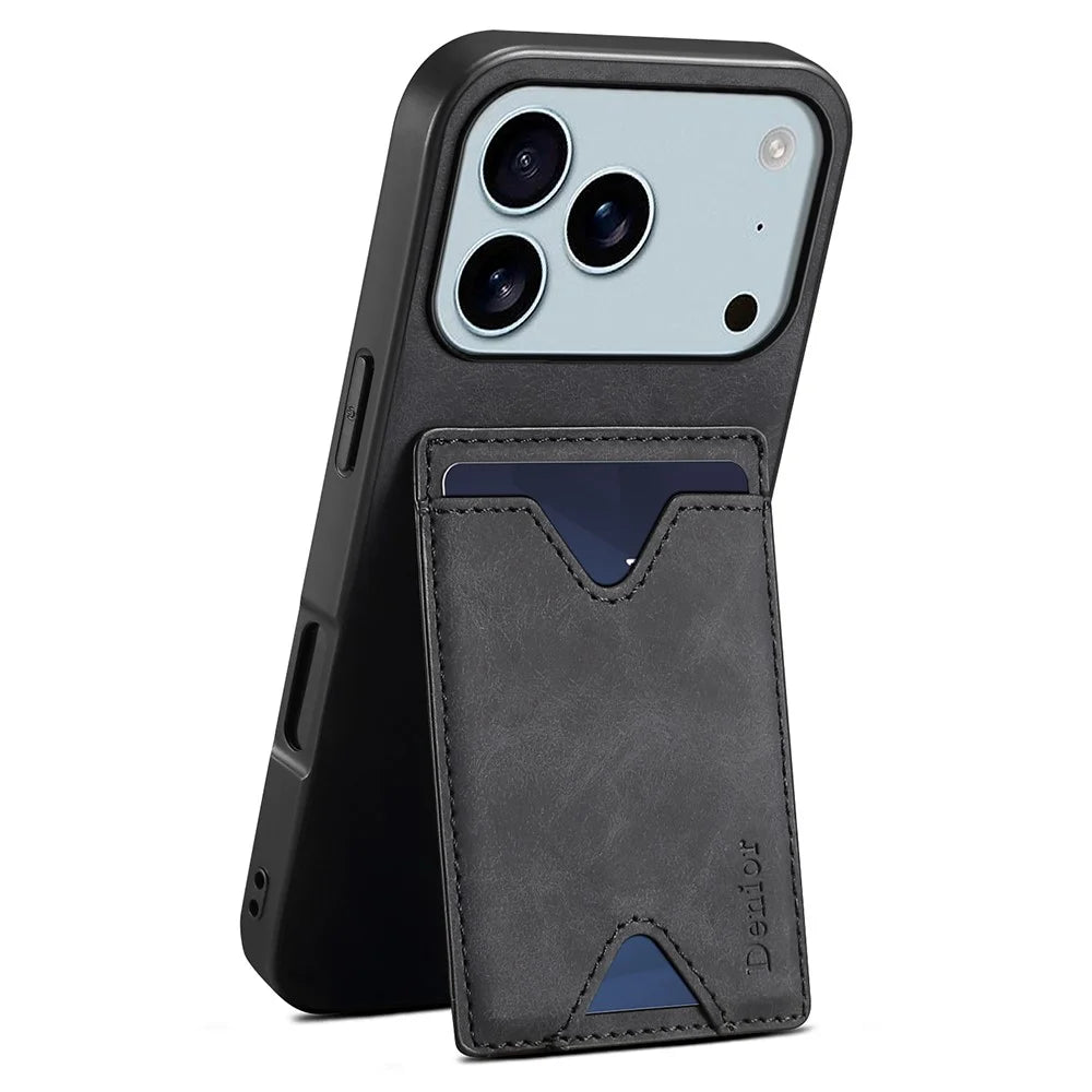DENIOR For iPhone 17 Pro Case Card Holder Kickstand Leather + PC + TPU Phone Cover - Black - 1