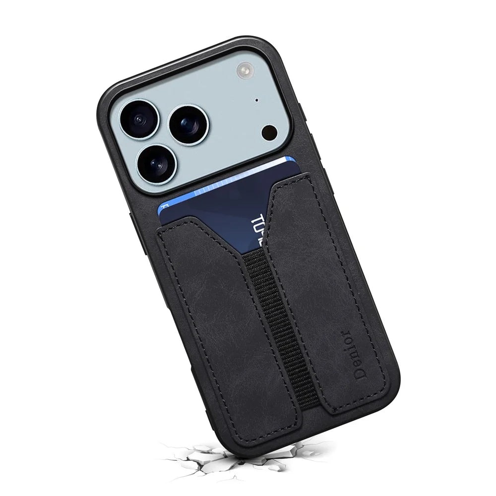 DENIOR For iPhone 17 Pro Case Elastic Card Holder PU Leather + TPU + PC Phone Cover - Black - 2
