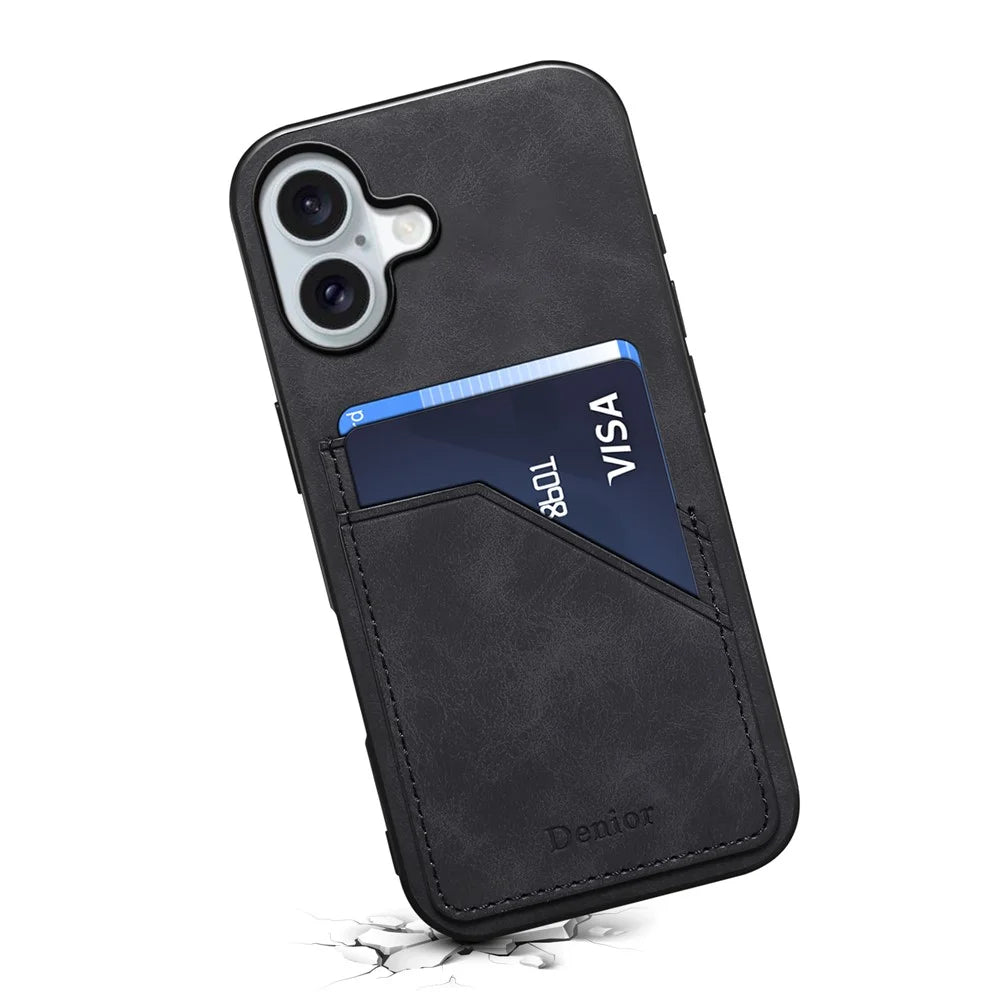 DENIOR For iPhone 17 Case Dual Card Slots PU Leather + TPU + PC Phone Cover - Black - 2