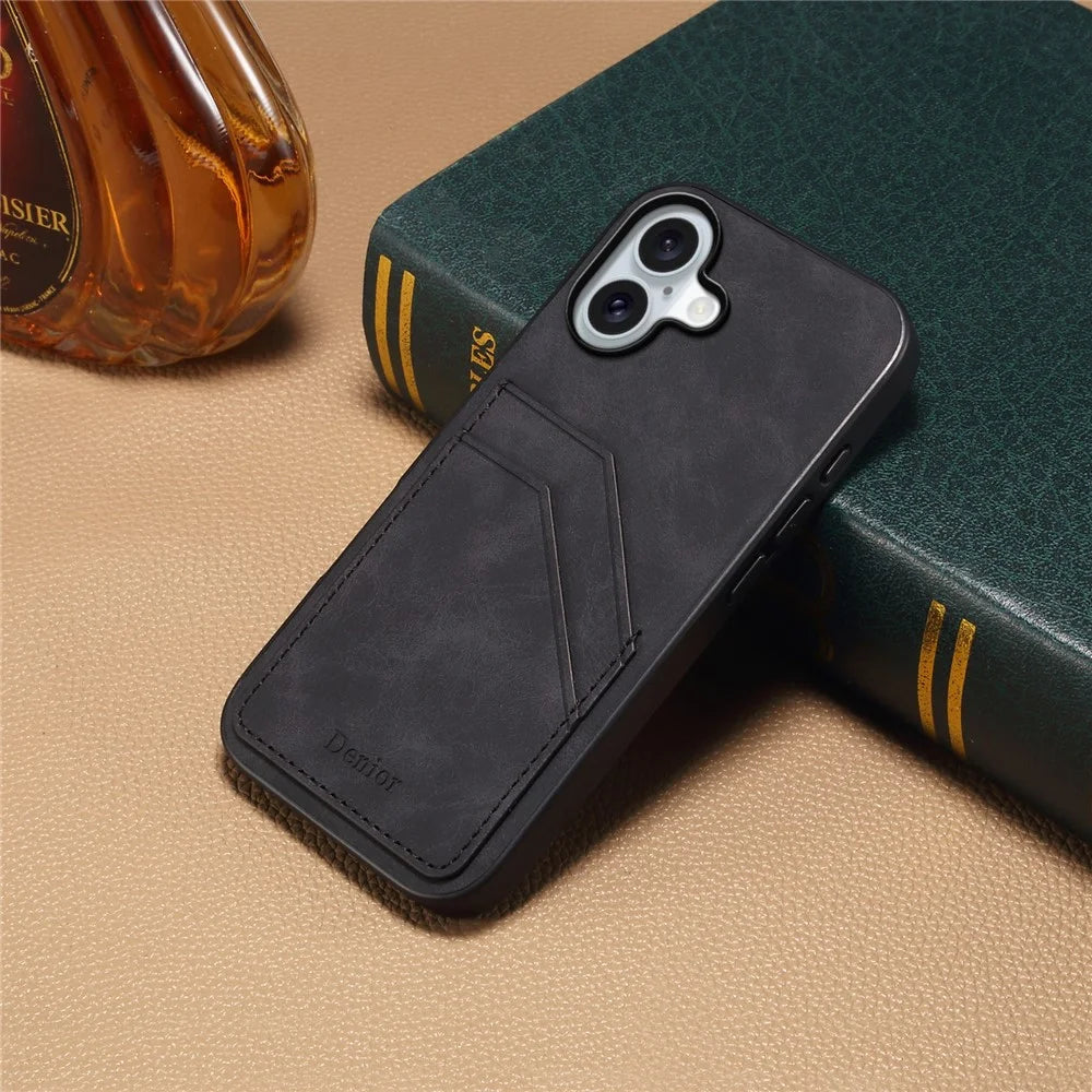 DENIOR For iPhone 17 Case Dual Card Slots PU Leather + TPU + PC Phone Cover - Black - 5