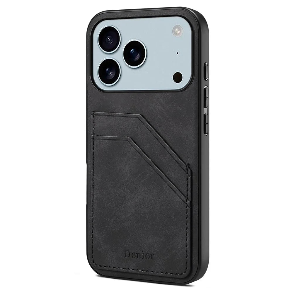 DENIOR For iPhone 17 Pro Case Dual Card Slots PU Leather + TPU + PC Phone Cover - Black - 1