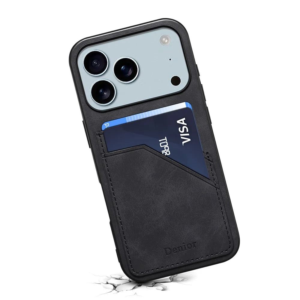 DENIOR For iPhone 17 Pro Case Dual Card Slots PU Leather + TPU + PC Phone Cover - Black - 2