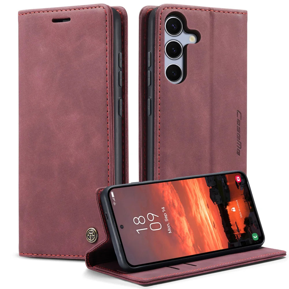 CASEME For Samsung Galaxy S25 FE Wallet Case  013 Series PU Leather Phone Cover Stand - Red - 1