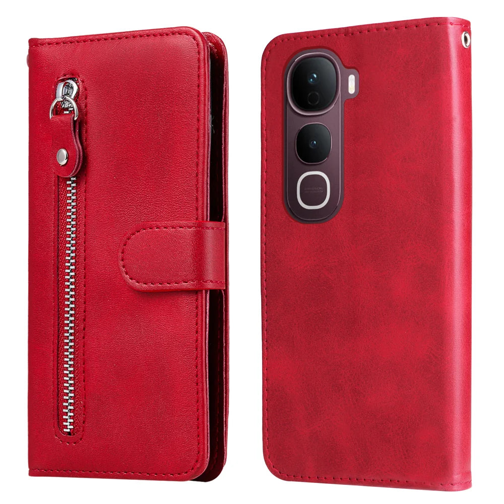 For vivo Y400 Pro 5G / vivo V40e 5G PU Leather Cases with Zipper Pocket Wallet Phone Cover Stand - Red - 1