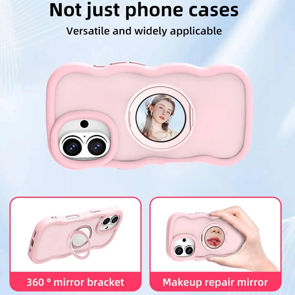 For iPhone 16 Magnetic Case Wave Edge TPU + Acrylic Phone Cover with Mirror Kickstand - Pink - 4