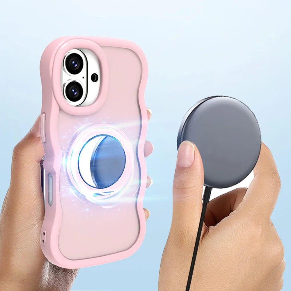 For iPhone 16 Magnetic Case Wave Edge TPU + Acrylic Phone Cover with Mirror Kickstand - Pink - 5