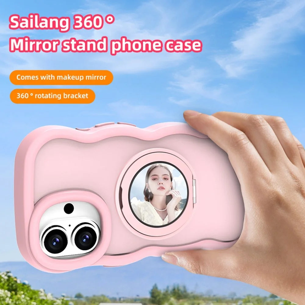 For iPhone 16 Plus Magnetic Case Wave Edge TPU + Acrylic Phone Cover with Mirror Kickstand - Pink - 2
