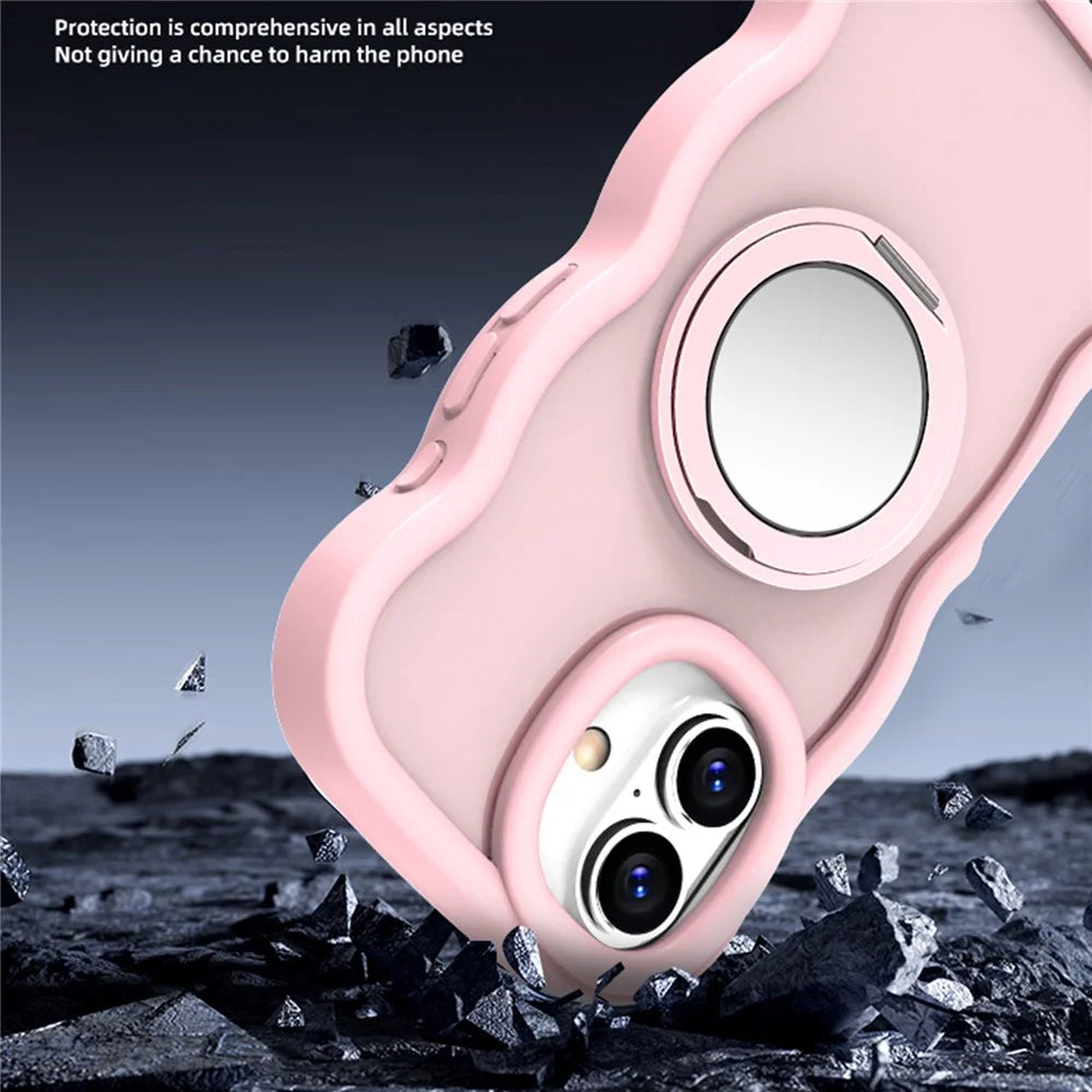 For iPhone 16 Plus Magnetic Case Wave Edge TPU + Acrylic Phone Cover with Mirror Kickstand - Pink - 6