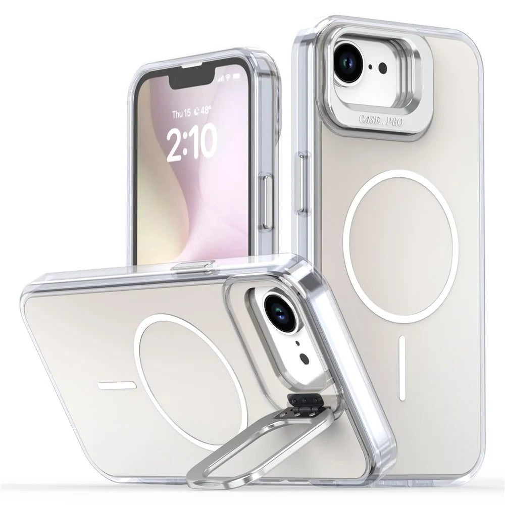 For iPhone 17e / 16e Case Compatible with MagSafe TPU + Acrylic Phone Cover with Lens Frame Kickstand - White - 1