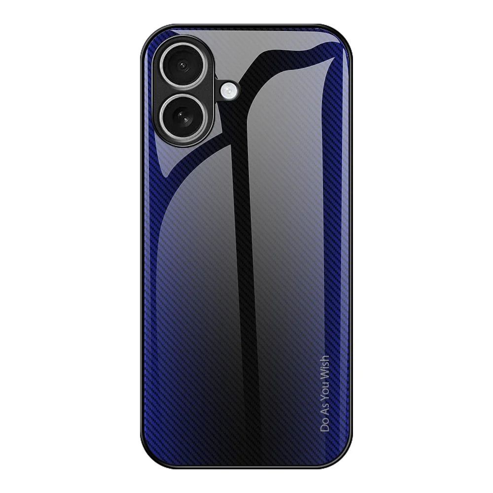 For iPhone 17 Case Carbon Fiber Texture Tempered Glass + TPU Phone Cover - Dark Blue - 1