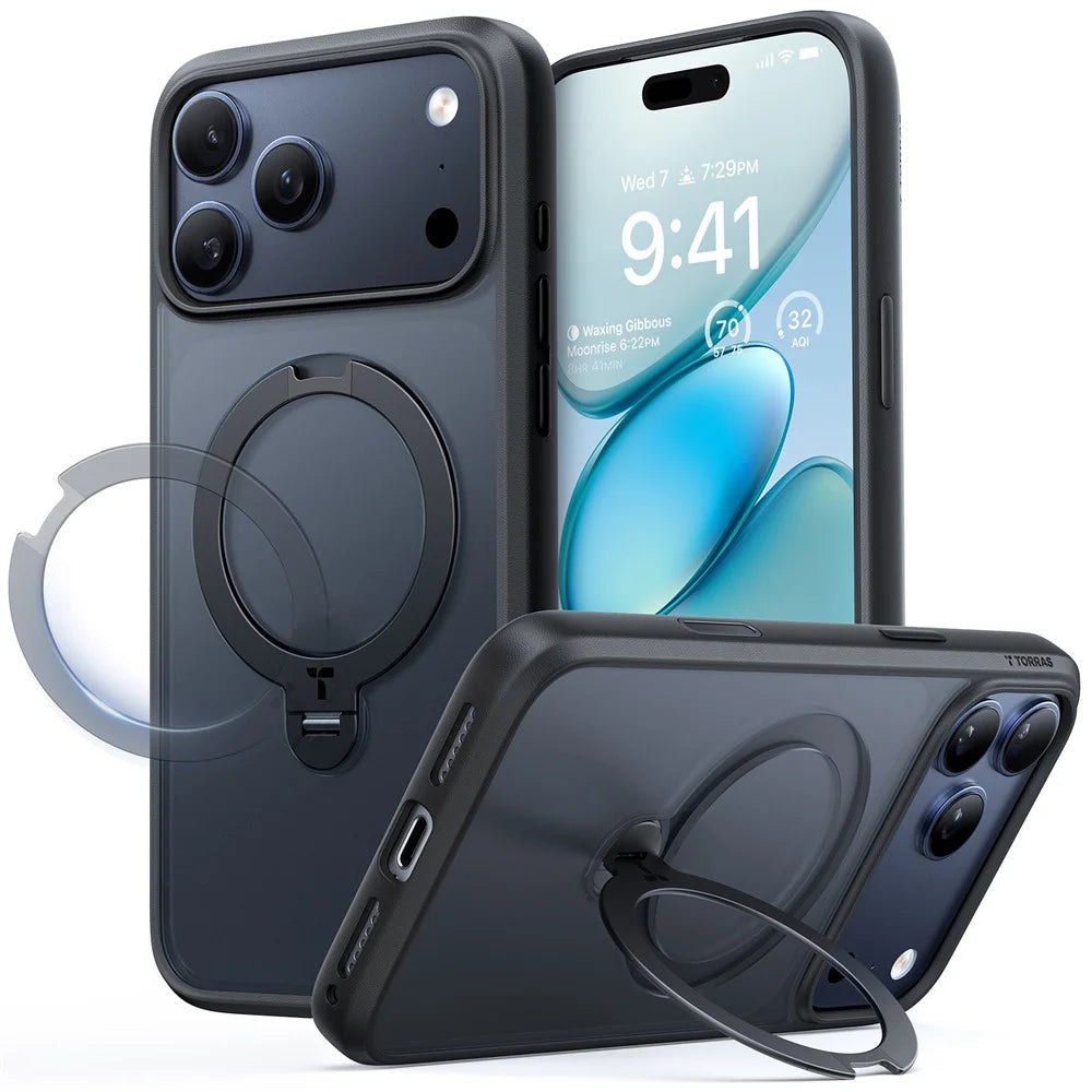TORRAS Ostand Q3 Spin Series For iPhone 17 Pro Max Case Compatible with MagSafe Anti-drop PC + TPU Phone Cover with Rotating Kickstand - Black - 1