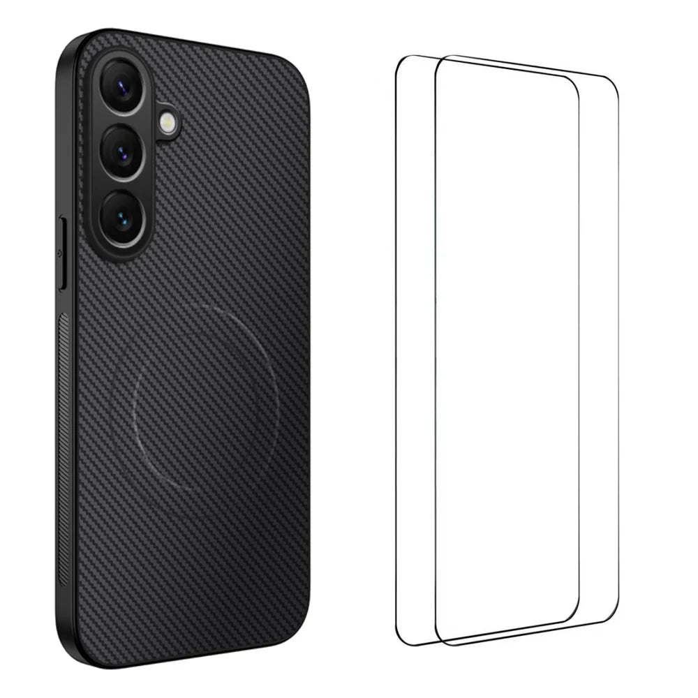 WANLONFENG For Samsung Galaxy A17 5G / A17 4G Magnetic Case  TQ1 Series Carbon Fiber Texture PC TPU Phone Cover with 2Pcs Screen Films - Black - 1