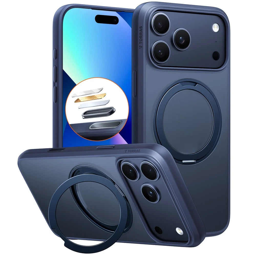 TORRAS Ostand O1 Guardian Series For iPhone 17 Pro Magnetic Case Rotating Kickstand TPU + PC Phone Cover - Dark Blue - 1