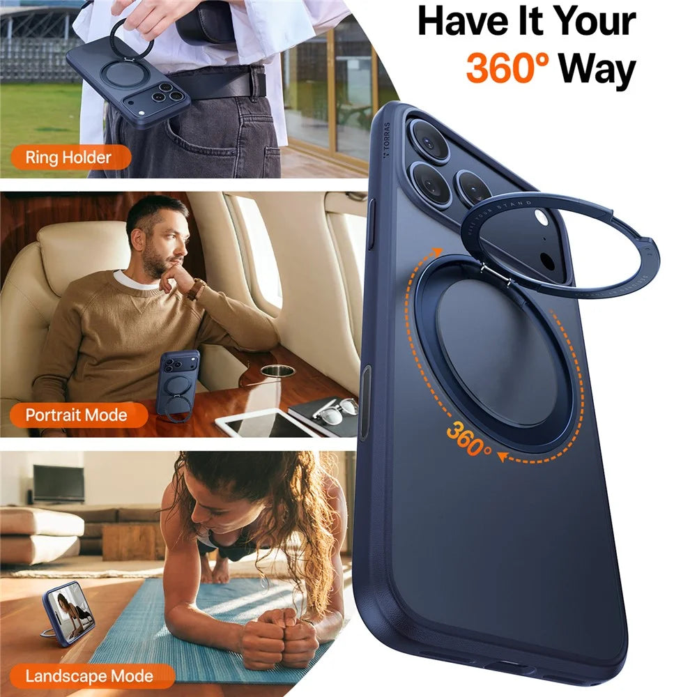 TORRAS Ostand O1 Guardian Series For iPhone 17 Pro Max Magnetic Case Rotating Kickstand TPU + PC Phone Cover - Dark Blue - 2