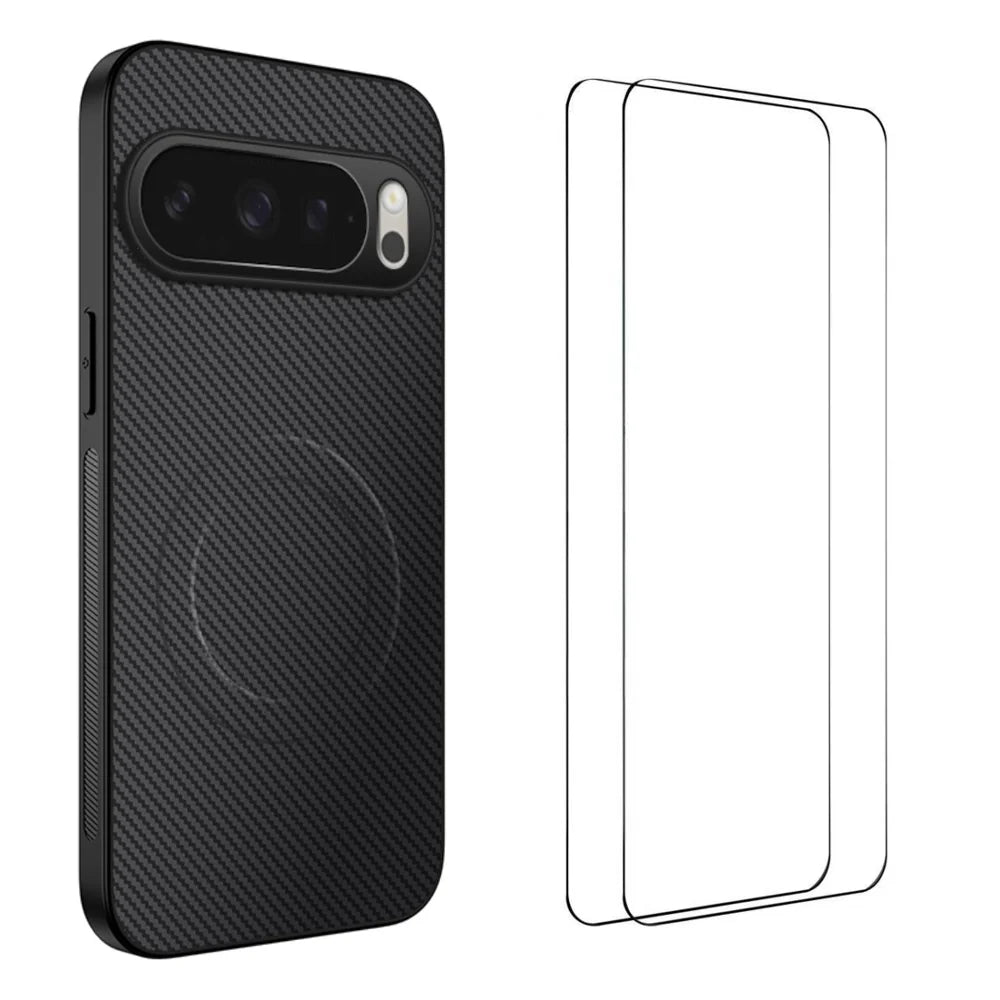 WANLONFENG For Google Pixel 10 Magnetic Case  TQ1 Series Carbon Fiber Texture PC TPU Phone Cover with 2Pcs Screen Films - Black - 1
