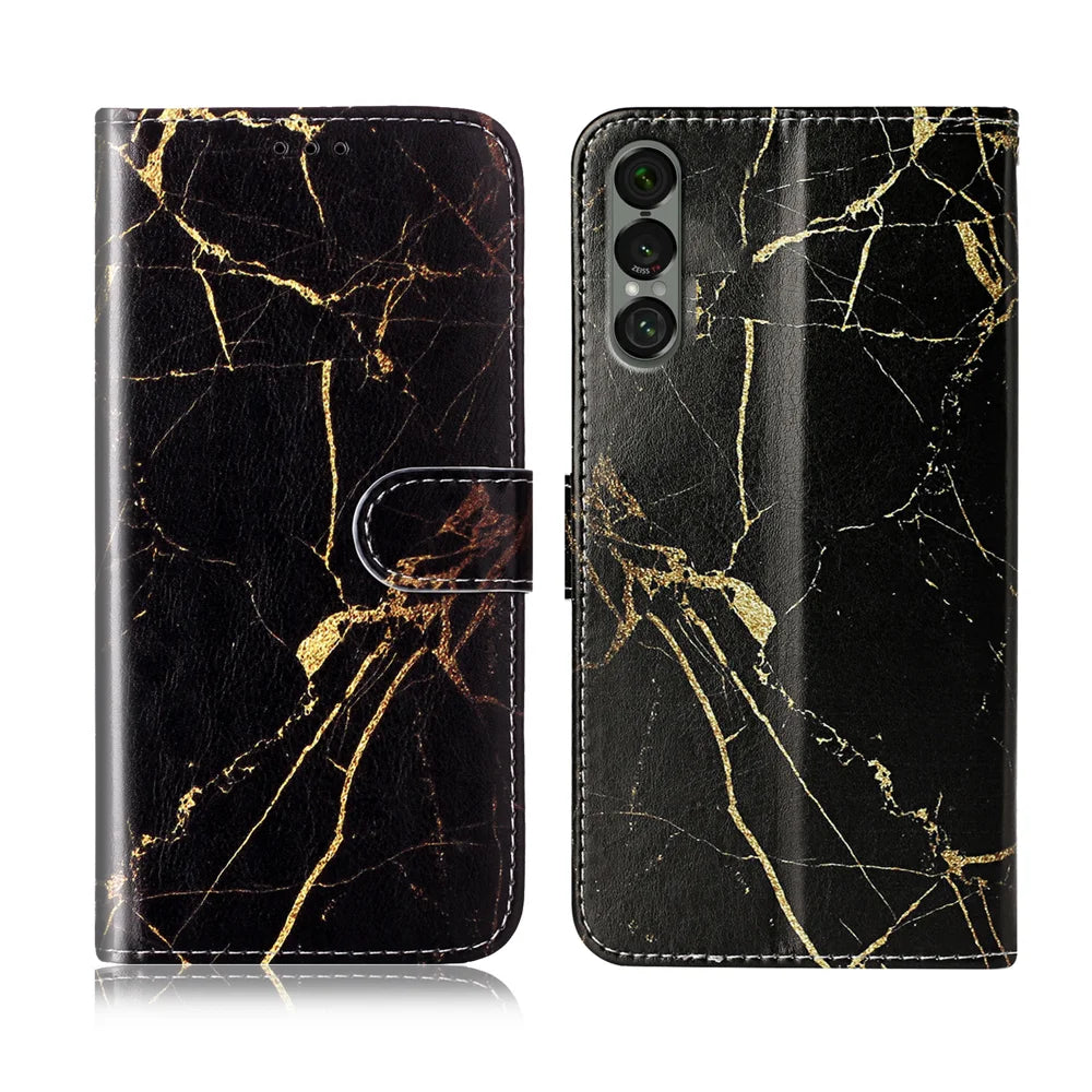 For Sony Xperia 1 VII Stand Case Marble Painted Folio Flip Leather Wallet Phone Cover - Black Gold Marble - 1