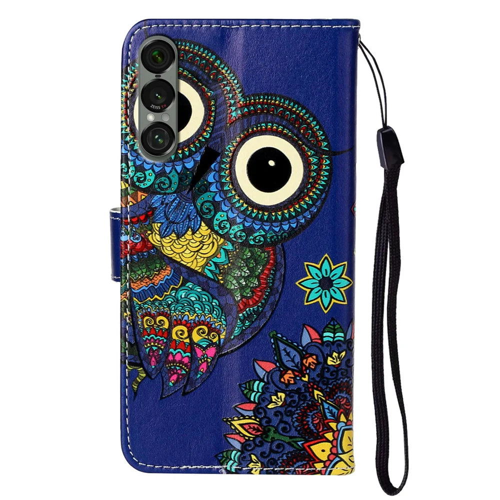 For Sony Xperia 1 VII Case Pattern Leather Wallet Phone Cover with Strap - Blue Owl - 2