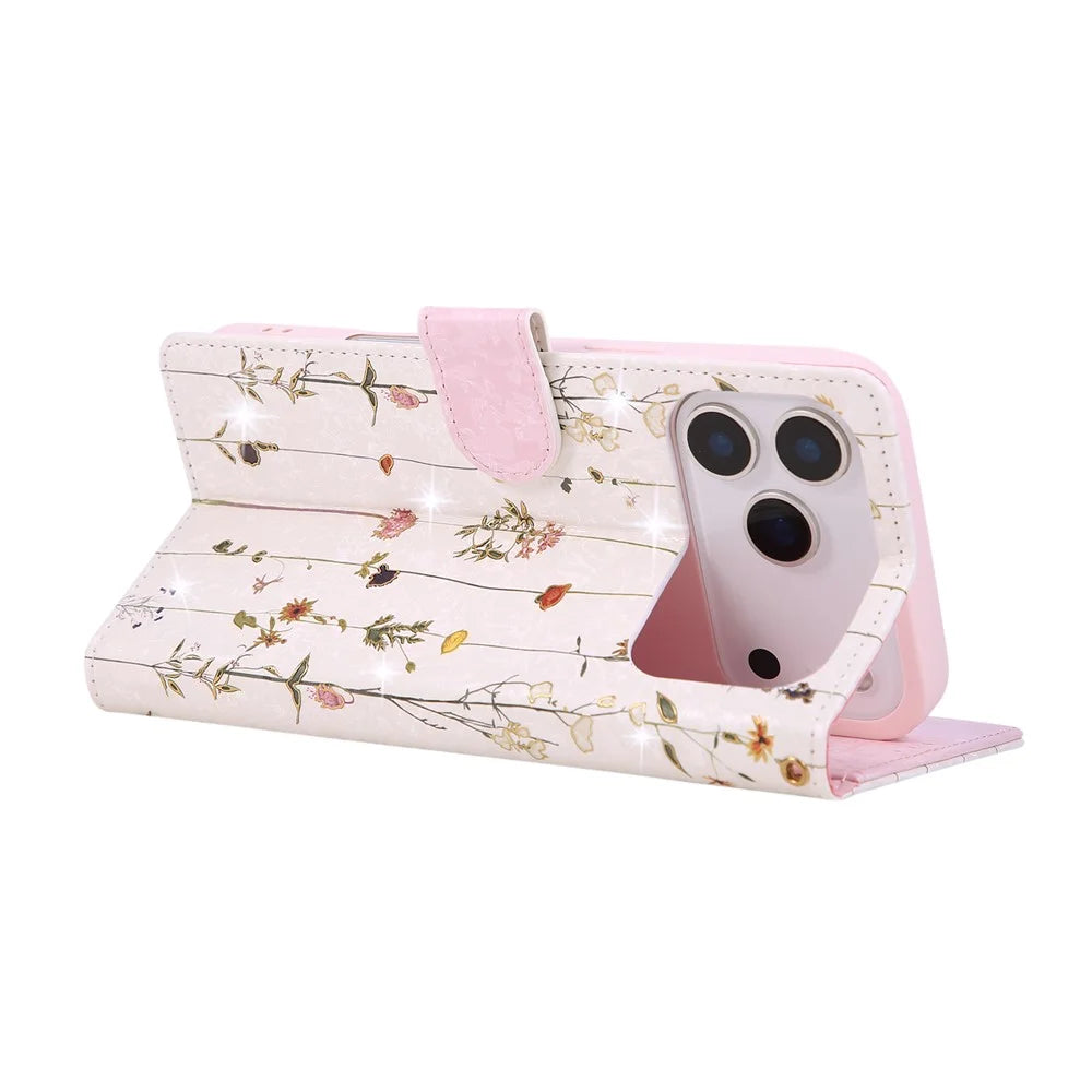 For iPhone 18 Pro / 17 Pro Case RFID Blocking Flower Leather Phone Cover with Wrist Strap - Small Flower - 4